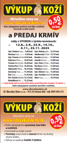 Predaj krmív, predaj mládok, výkup koží - harmongram do 15.11.2025
